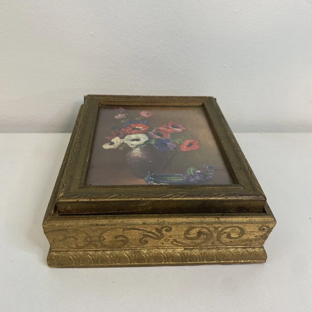 Vintage Wood Vanity Dresser Gold Jewelry Box Mirror 5x6